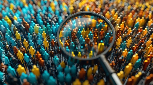 Magnifying Glass Over Colorful Crowd of Stylized People