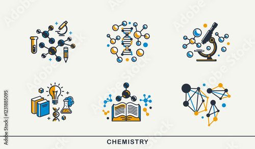 Chemistry vector detailed icons set, pharmacology and biochemistry science, molecules and flasks laboratory experiment.