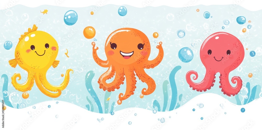 Playful Octopuses and Fish Swim in Bubbles Playful Octopuses and Fish Swim in Bubbles