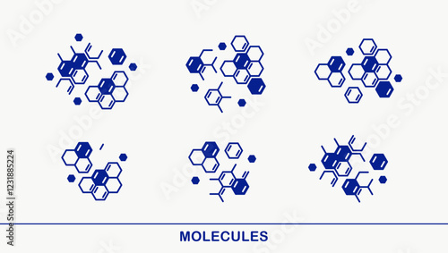 Chemical molecules vector icons set, chemistry science theme, laboratory research and experiments, pharmacology and healthcare.