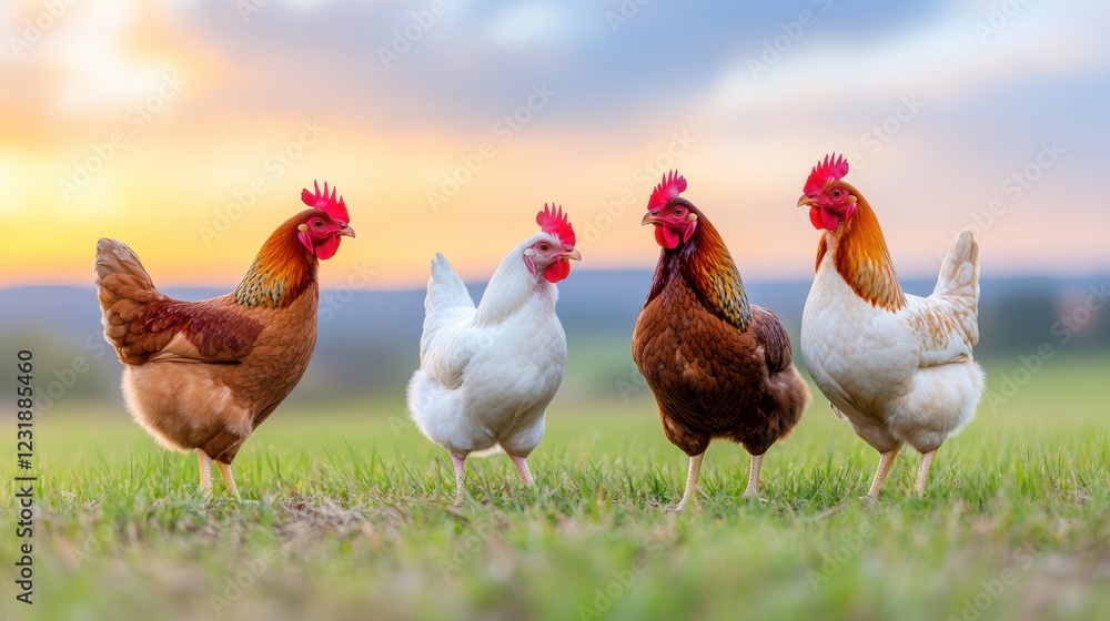 Fototapeta premium Chickens roaming freely on a sunny eco farm at dusk
