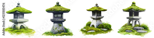 Moss Covered Stone Pagoda Nestled in a Lush Tranquil Japanese Garden Landscape  The Ornate Architectural Structure Stands in a Peaceful Spiritual Setting Amidst Nature s Greenery and Foliage photo