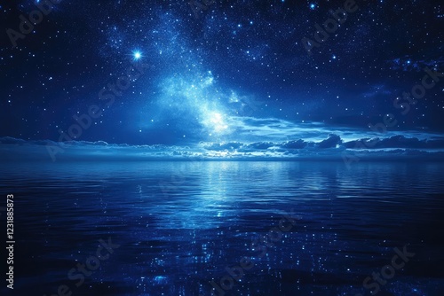 A starry night sky with constellations forming over a calm sea, the patterns in the sky mirrored perfectly in the still water below.