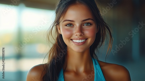 A woman with brown hair and a blue tank top. She is smiling. The photo is in black and white