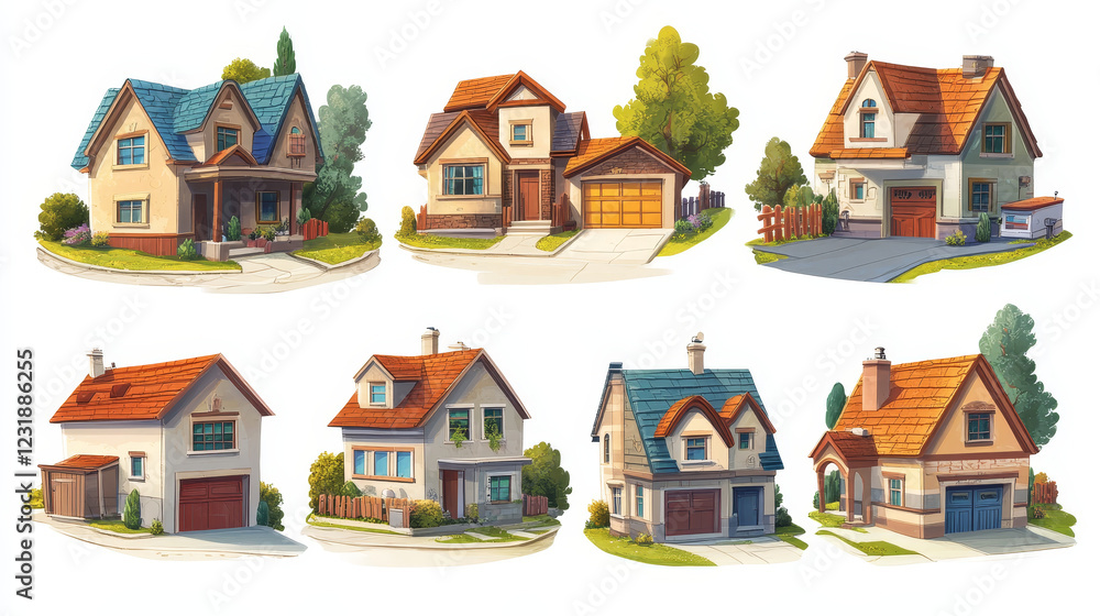 Suburb district residential houses icons isolated on white. Vector cartoon isolated illustration of suburban cottages with garages Suburb district residential houses icons isolated on white. Vector cartoon isolated illustration of suburban cottages with garages