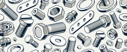 Bolts and nuts seamless background, repair and maintenance workshop tiling wallpaper, mechanic technics service endless pattern, elements easy to use separately.