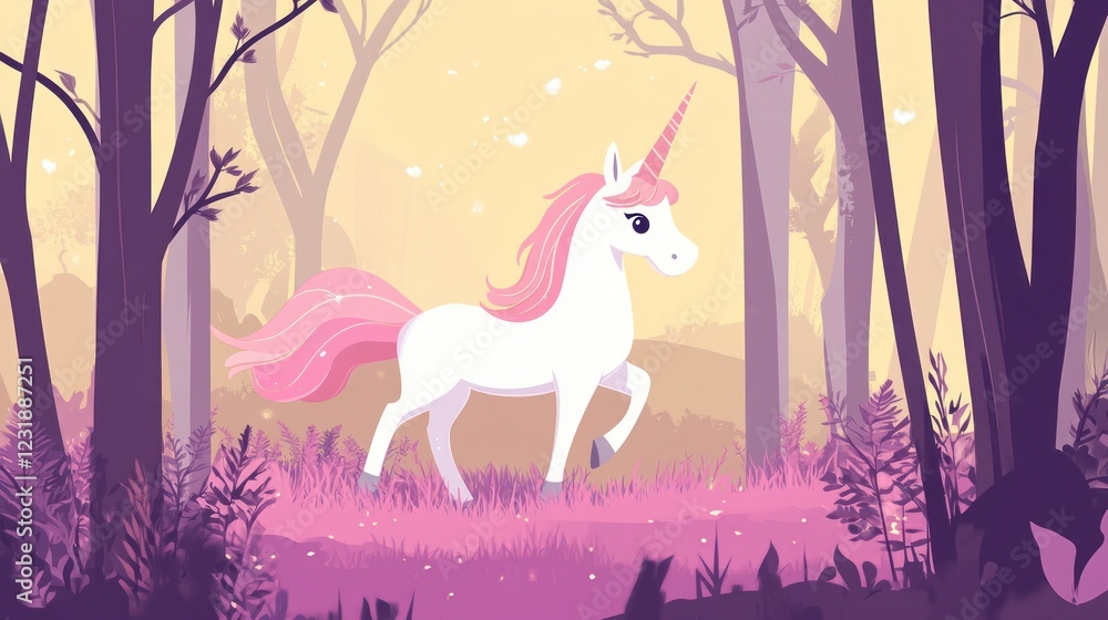 Unicorn strolls through enchanted forest, magical sunset Unicorn strolls through enchanted forest, magical sunset