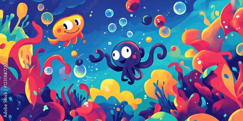 Happy Octopus and Jellyfish Swim in Vibrant Reef Happy Octopus and Jellyfish Swim in Vibrant Reef