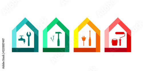 House and work tools as colorful icons in blue, green, yellow, orange and red color. Colourful logo or icon set with wrench, hammer, screwdriver and paint roller.