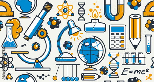 Science seamless pattern, vector endless background with a lot of elements that can be used separately as an icons or illustrations, physics and chemistry wallpaper.
