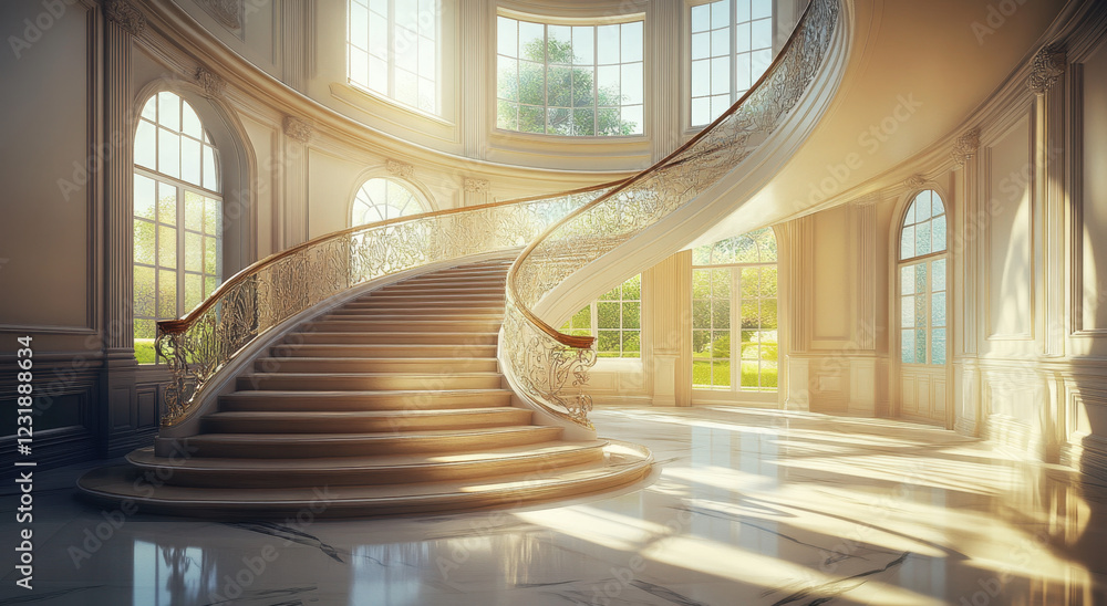 Obraz premium Elegant curved staircase with delicate railing in a sunlit grand entrance hall