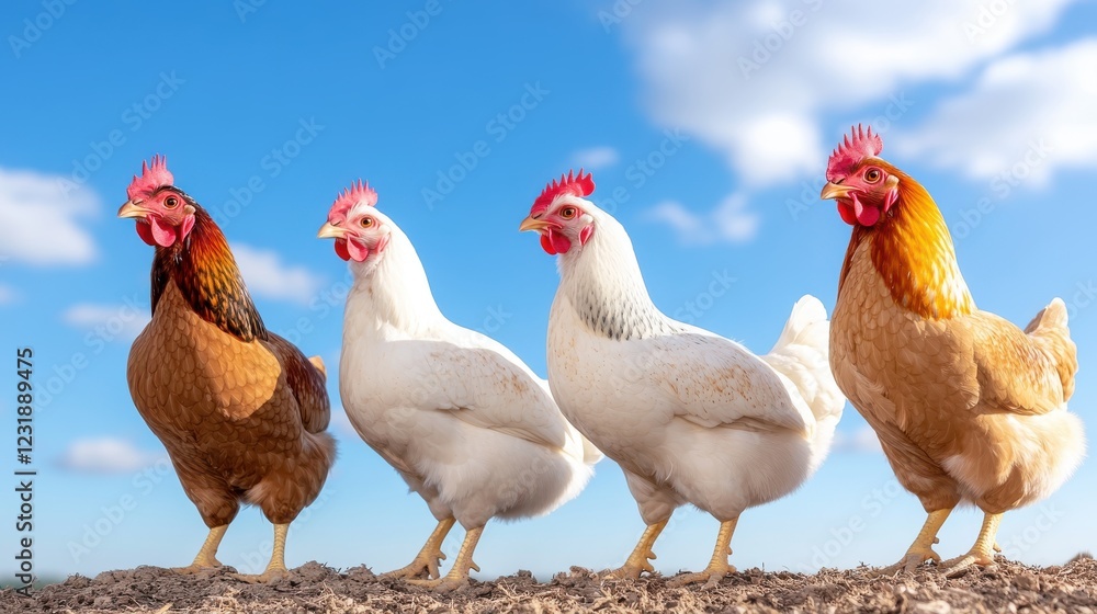 Fototapeta premium Chickens enjoying the sunshine at a free range eco farm