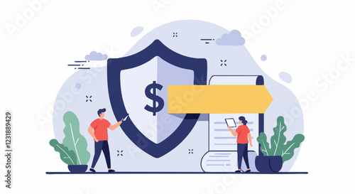 Illustration depicting financial protection with individuals analyzing data near a shield with a dollar sign and a document.