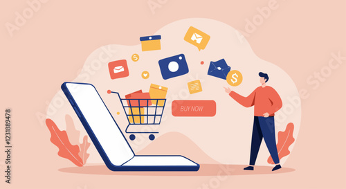 A person interacts with digital shopping symbols emerging from a smartphone, portraying the modern online shopping experience.