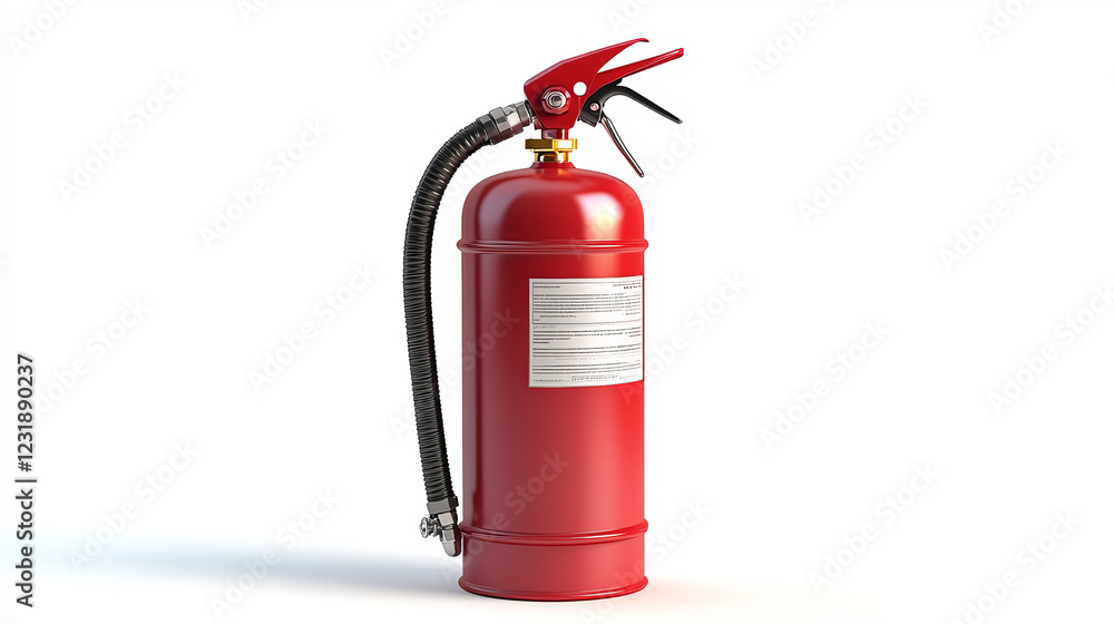 Fototapeta premium Realistic red fire extinguisher with nozzle set, illustration isolated on white background. Portable fire extinguishing equipment.