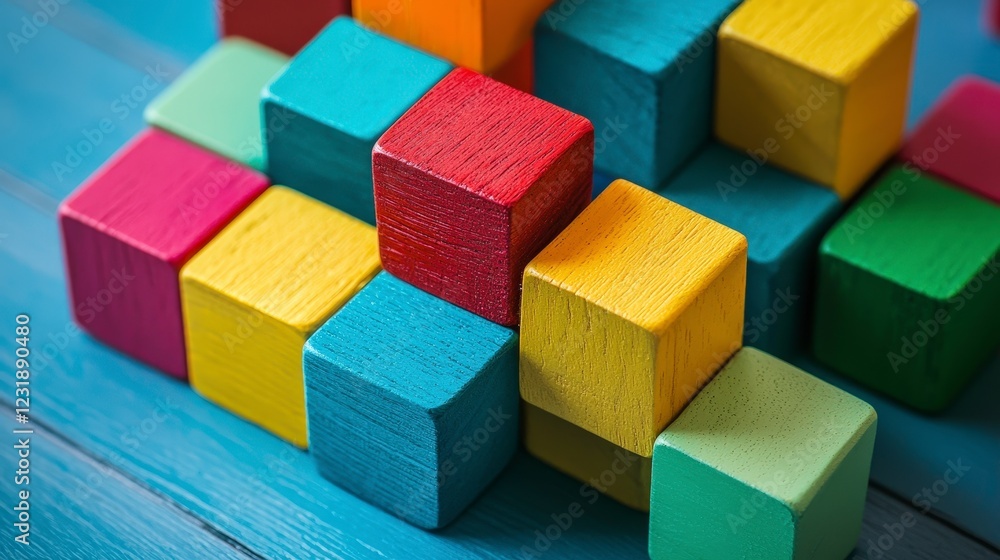 Colorful Wooden Blocks Stacked Creatively on a Blue Background Colorful Wooden Blocks Stacked Creatively on a Blue Background