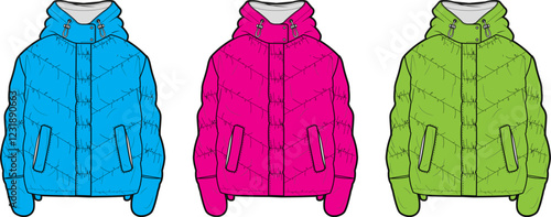 Hooded puffer jacket design template in three colors
