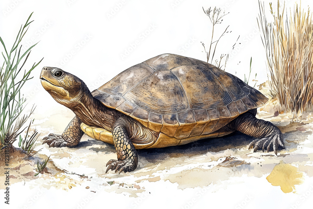 Obraz premium Detailed watercolor painting of a turtle on sandy ground, surrounded by sparse vegetation.