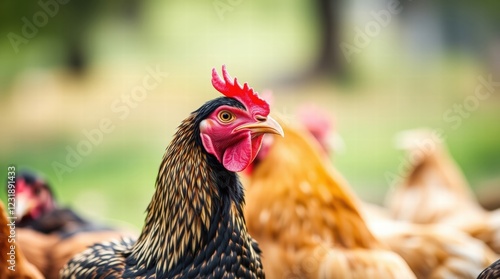 Close-Up of a Hen in a Poultry Farm with Other Chickens in Background  
 photo