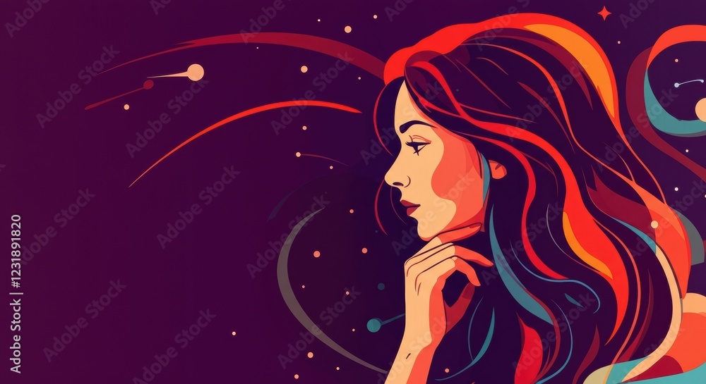Colorful illustration of a woman in profile with flowing hair and cosmic elements Colorful illustration of a woman in profile with flowing hair and cosmic elements
