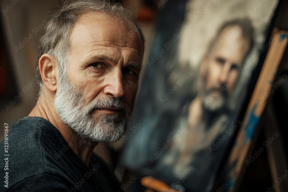 Generative AI depiction of a focused artist painting a vibrant canvas in a creative studio Generative AI depiction of a focused artist painting a vibrant canvas in a creative studio