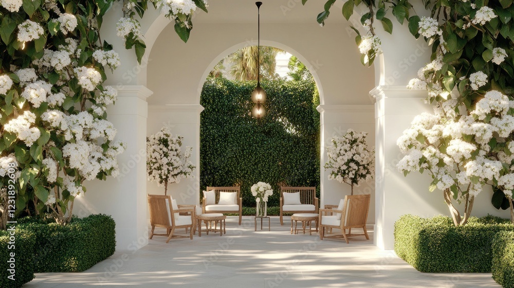 Fototapeta premium Serene patio with white flowers, archway, and seating.