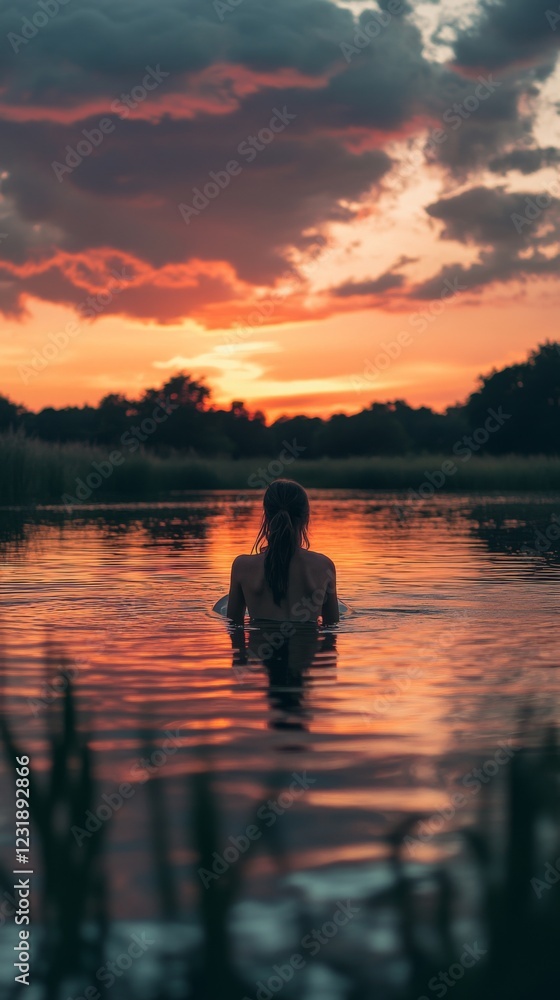 A serene moment where the sunset meets the water. A figure stands peacefully in the lake. Nature captures tranquility. Reflective beauty and calmness prevail. Generative AI A serene moment where the sunset meets the water. A figure stands peacefully in the lake. Nature captures tranquility. Reflective beauty and calmness prevail. Generative AI