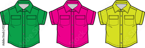 Three Colorful Short Sleeve Button Down Shirts Fashion Design Template