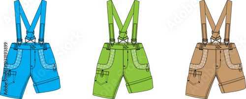 Kids Lederhosen Shorts with Suspenders- Blue, Green, Beige Technical Fashion Flat Sketch