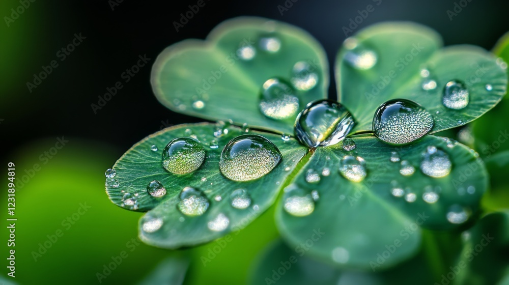 A close-up of a green clover leaf adorned with sparkling droplets of water. Natures beauty is captured in this vibrant image. Perfect for eco-themed projects. Generative AI A close-up of a green clover leaf adorned with sparkling droplets of water. Natures beauty is captured in this vibrant image. Perfect for eco-themed projects. Generative AI