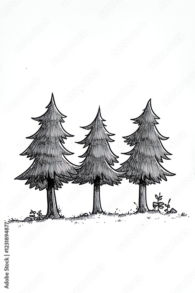 Obraz premium A hand-drawn illustration of three simple evergreen trees.