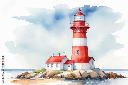 Watercolor landscape with a red and white lighthouse on the rocks