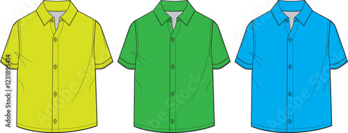 Three Color Men's Short Sleeve Button Down Shirt Fashion Flat Sketch Template