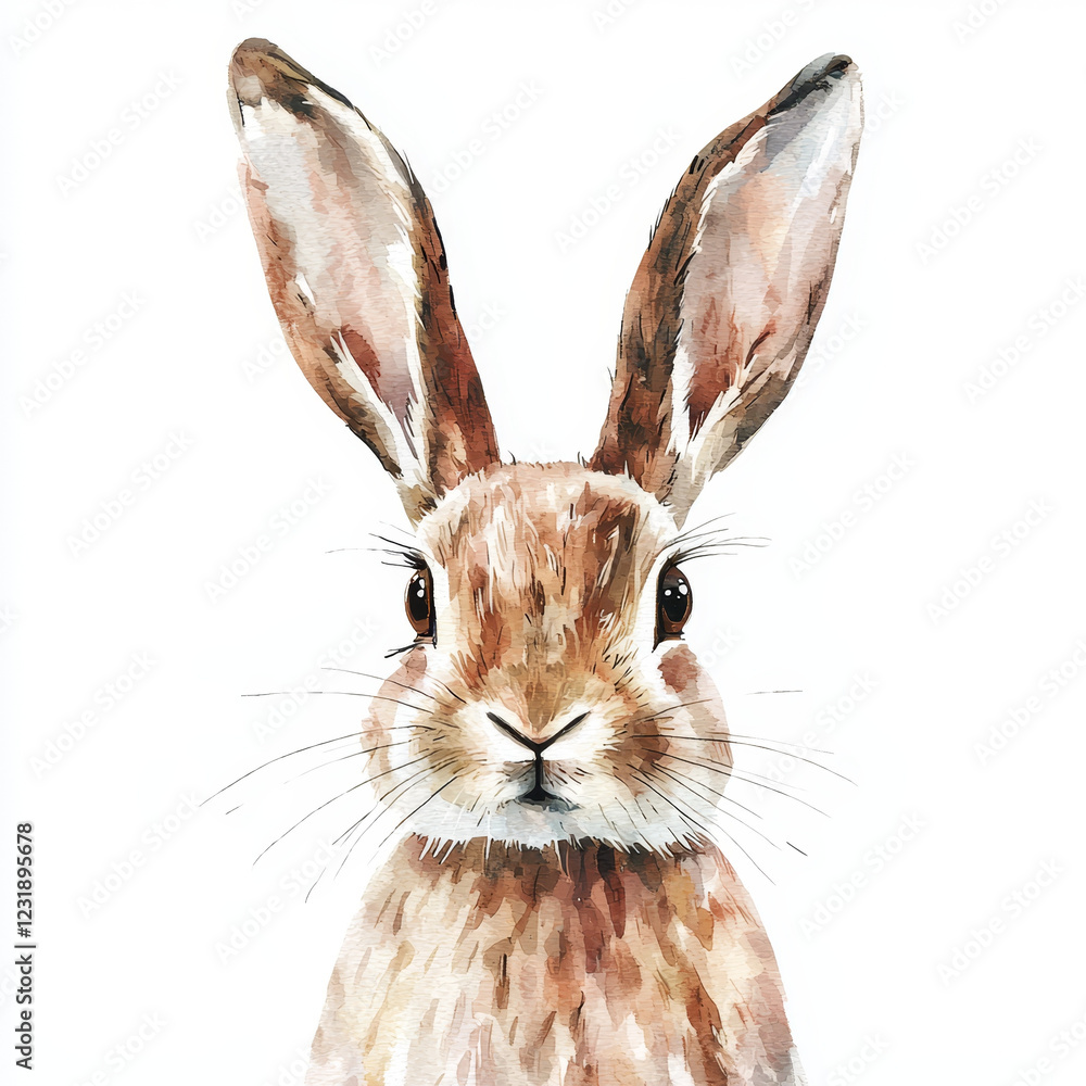 Obraz premium Watercolor portrait of a curious brown bunny.