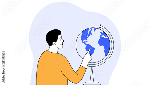 Geographer or student looking at globe. Concept of geography, geographical research, study of Earth, cartography and navigation. Modern vector illustration for banner, poster.