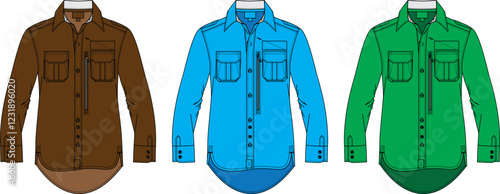 Men's Long Sleeve Shirt Technical Flat Sketches Brown Blue Green