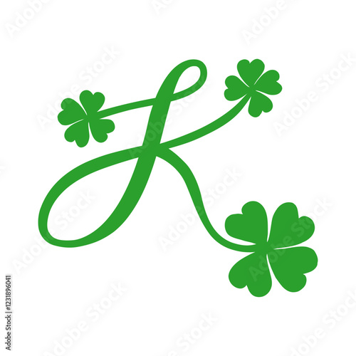 Símbolo de primavera. Logo con letra inicial K con trébol de cuatro hojas para felicitaciones y tarjetas del día de San Patricio