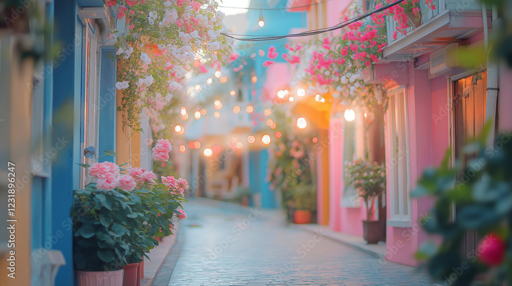 Fototapeta premium A residential building in soft pastel tones, adorned with vibrant flowers, radiating a sense of happiness and comfort—stylish living in colorful concrete.