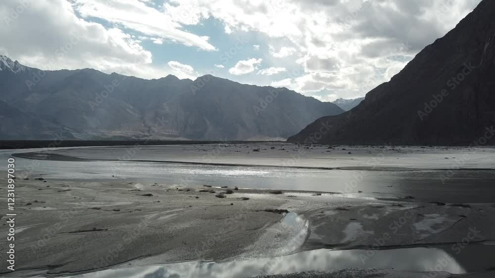 Drone view of Lake with mountains and valley in the background, sand dunes can also be seen around