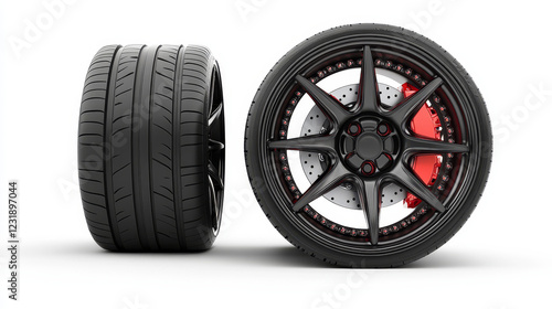 Sport car wheel with red brake gear and japanese steel disk isolated on white background front and side view. Realistic 3d icon of jdm wheel with black rubber tire for automobile
