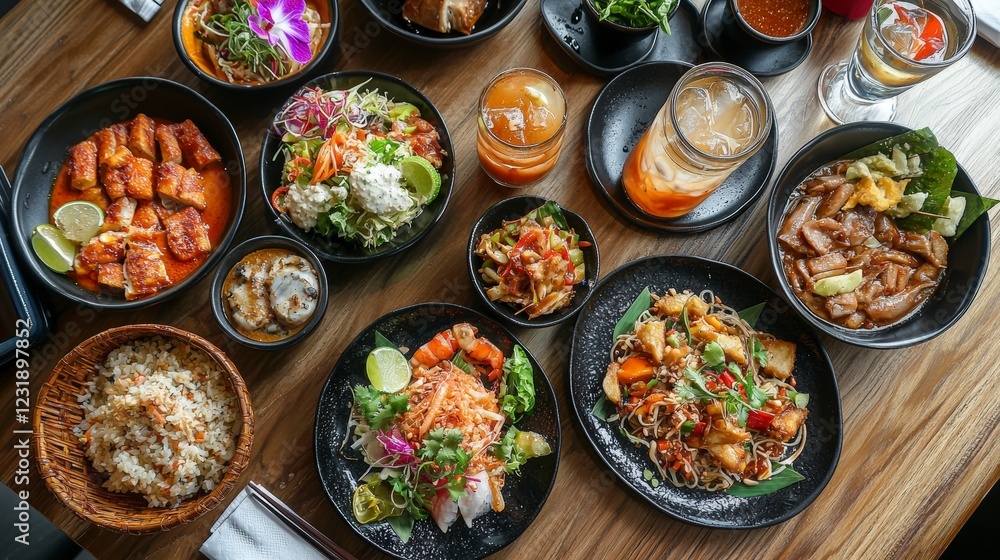 Vibrant Thai Cuisine Spread on Wooden Table with Colorful Dishes Vibrant Thai Cuisine Spread on Wooden Table with Colorful Dishes