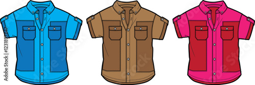 Three Color Variations Short Sleeve Button Down Shirt Fashion Design Flat Sketch