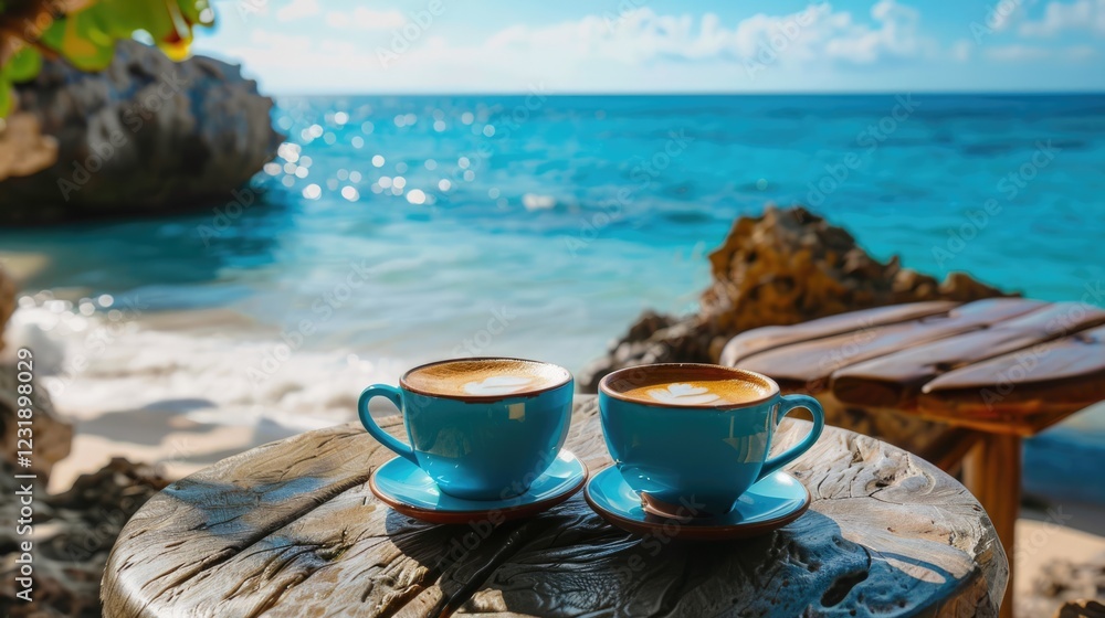 Two cappuccino coffee cups on a rustic table by a sparkling blue sea under a sunny sky. The concept of relaxation. Two cappuccino coffee cups on a rustic table by a sparkling blue sea under a sunny sky. The concept of relaxation.