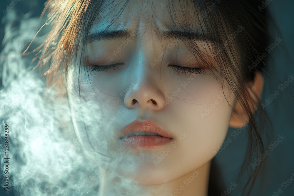 Close-up of Female asian have a flu and coughing isolated on background Close-up of Female asian have a flu and coughing isolated on background
