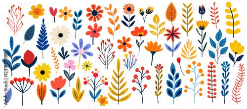 Abstract Hand drawn wildflowers, set flowers and leaves, flat icons. Vector illustration