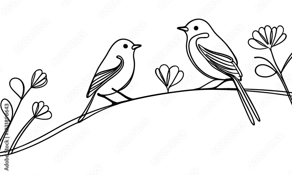 Obraz premium Bird on a branch. Continuous one line drawing.
