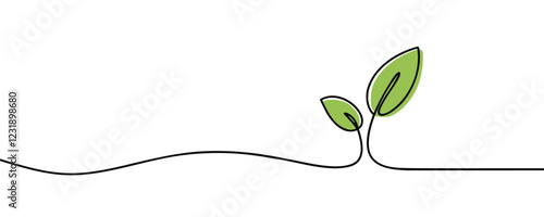 Growing plant, sprout leaves in one continuous line drawing. Creative concept of renewable green energy and environmental friendly sources. Doodle vector illustration