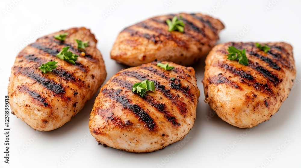 Grilled chicken breast slices by chef on a white background Grilled chicken breast slices by chef on a white background