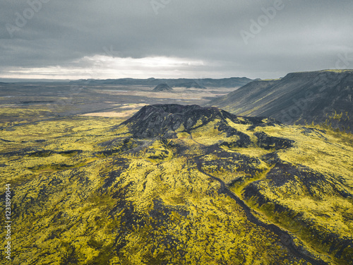 Vue aérienne d’un paysage volcanique spectaculaire en Islande, dominé par un cratère recouvert de mousse jaune fluo. Cette mousse, caractéristique des terres volcaniques islandaises, contraste forteme