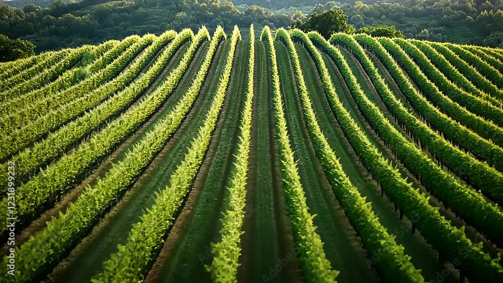 Lush Green Vineyard Rows Under Bright Blue Sky in Scenic Landscape Lush Green Vineyard Rows Under Bright Blue Sky in Scenic Landscape